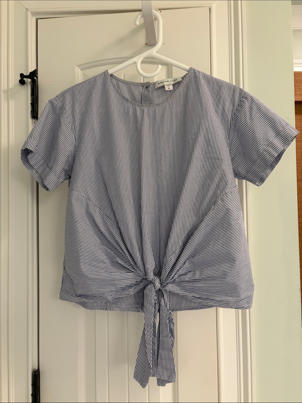 Amour Vert Blue Pinstripe Tie-Front Poplin Top